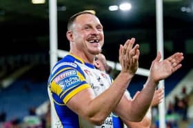 James Donaldson, seen celebrating Leeds Rhinos' win at Huddersfield Giants last week, is out of contract at the end of this season. Picture by Allan McKenzie/SWpix.com.