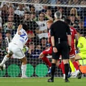 WINNER: Netted by Pascal Struijk, left, the Leeds United defender pictured scoring the goal that eventually saw off Wednesday night's Carabao Cup visitors Shrewsbury Town at Elland Road. Photo by Nigel French/PA Wire.