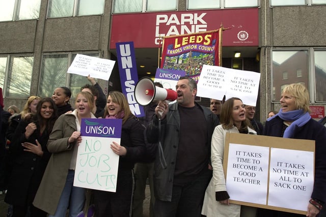 Staff, students and Union union members protesting outside Park Lane College, Leeds, pictured on November 28, 2003.