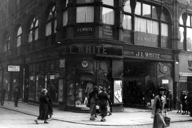 J.L.White, ladies clothing shop, at the junction with Queen Victoria Street. This area is now part of the Victoria Quarter. Pictured in September 1937.