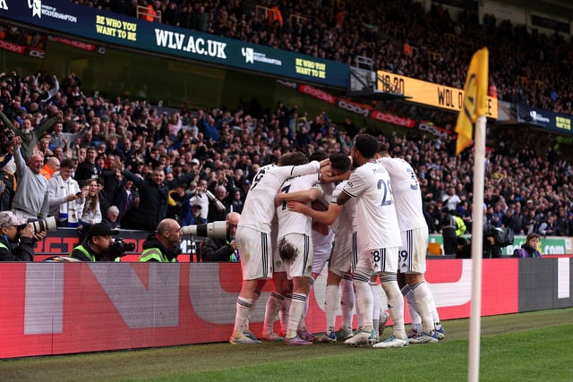 Leeds celebrate Rasmus Kristensen's first goal in a United shirt (Photo by Naomi Baker/Getty Images)