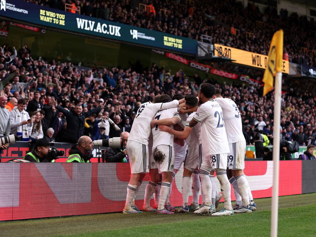 Leeds celebrate Rasmus Kristensen's first goal in a United shirt (Photo by Naomi Baker/Getty Images)