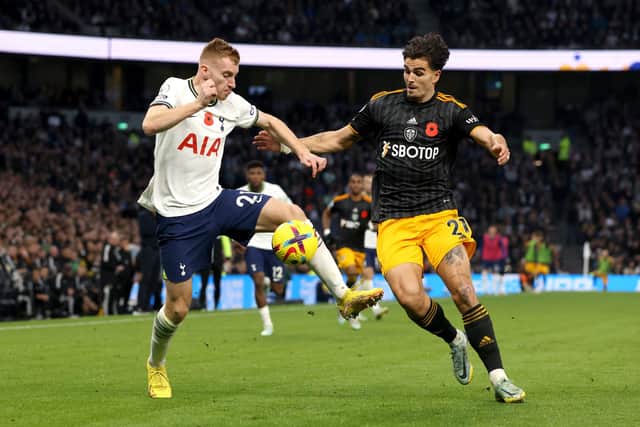 PRAISE: In difficult circumstances for Leeds United's Pascal Struijk, right, pictured challenging the tricky Dejan Kulusevski during Saturday's 'crazy' 4-3 defeat at Tottenham Hotspur. Photo by Paul Harding/Getty Images.