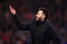 HUDDERSFIELD, ENGLAND - JANUARY 28: Carlos Corberan, Manager of Huddersfield Town reacts during the Sky Bet Championship match between Huddersfield Town and Stoke City at Kirklees Stadium on January 28, 2022 in Huddersfield, England. (Photo by George Wood/Getty Images)