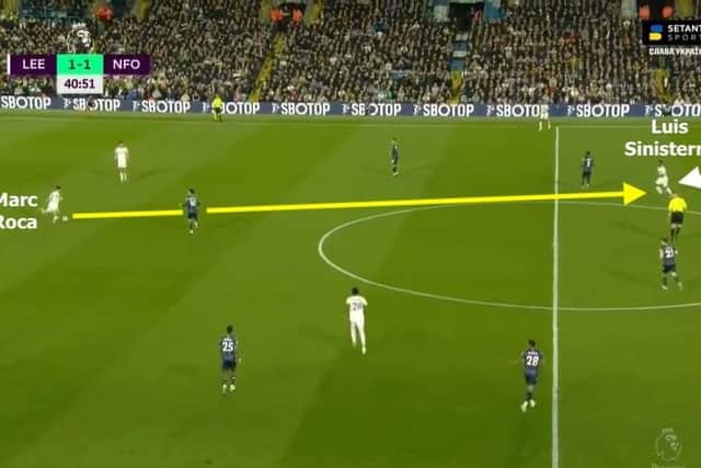 Marc Roca, receiving the ball between the central defenders, spots the run of Luis Sinisterra infield and progresses Leeds 30 yards up the pitch (Pic: InStat)