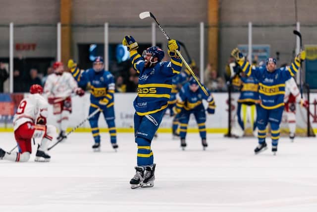 THAT WINNING FEELING: Jordan Buesa celebrates his empty-net goal which sealed Leeds Knights' thrilling 4-2 win over Swinon Wildcats at The Castle on Sunday night. Picture: RO Photography/Knights Media.