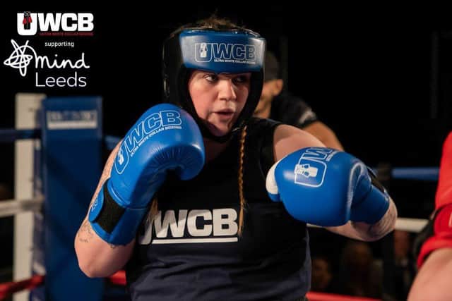 Katie, raising money for Leeds Mind at Ultra's White Collar Boxing Event