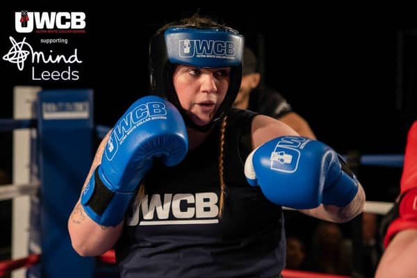 Katie, raising money for Leeds Mind at Ultra's White Collar Boxing Event