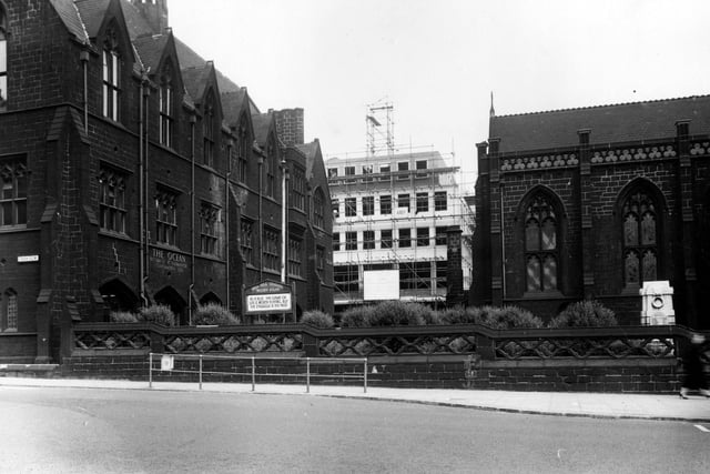 Park Row in July 1956. In view is The Ocean Accident & Guarantee Corporation Ltd. and (on the right), Mill Hill Unitarian Chapel. Behind, buildings on Basinghall Street can be seen. The chapel has a sign in its grounds.