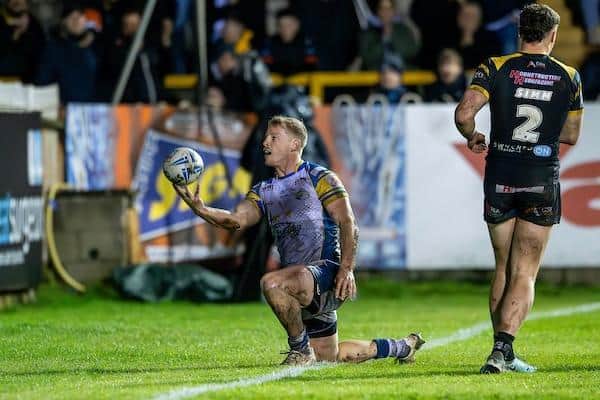 Leeds Rhinos full-back Lachie Miller celebrates after scoring in the 26-6 win at Castleford Tigers. Picture by Allan McKenzie/SWpix.com.