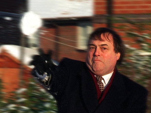 Snowballing in Swillington. John Prescott on the New Year's election campaign trail in the village in January 1997.