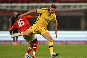 Austria's defender Philipp Mwene (L) and Sweden's forward Viktor Gyokeres vie for the ball during the UEFA Euro 2024 group F qualification football match between Austria and Sweden in Vienna on June 20, 2023. (Photo by JOE KLAMAR / AFP) (Photo by JOE KLAMAR/AFP via Getty Images)