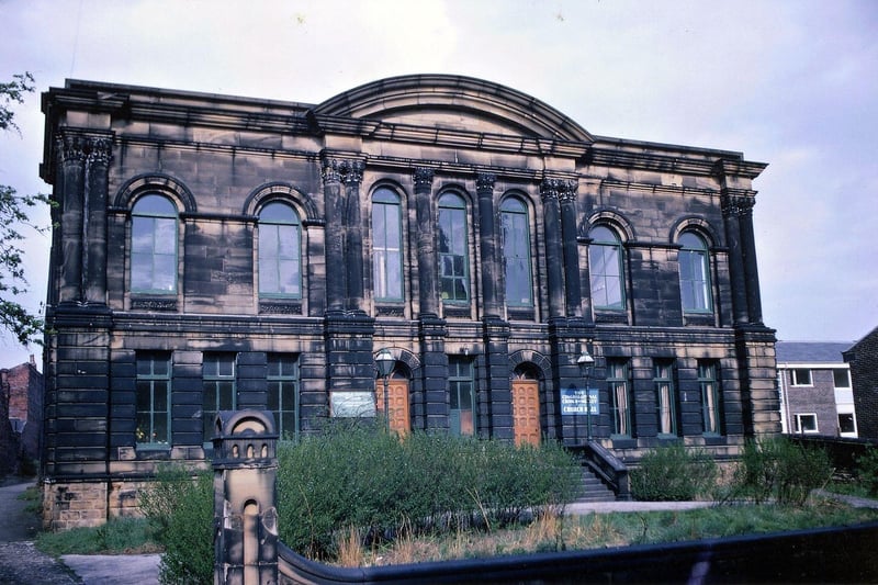 St. Mary's-in-the-Wood Church Sunday School building on Commercial Street, opposite Morley Library, pictured in April 1968. The iron gates and railings were removed during the Second World War when part of the building was also used as an A.R.P. (Air Raid Precautions) Centre.