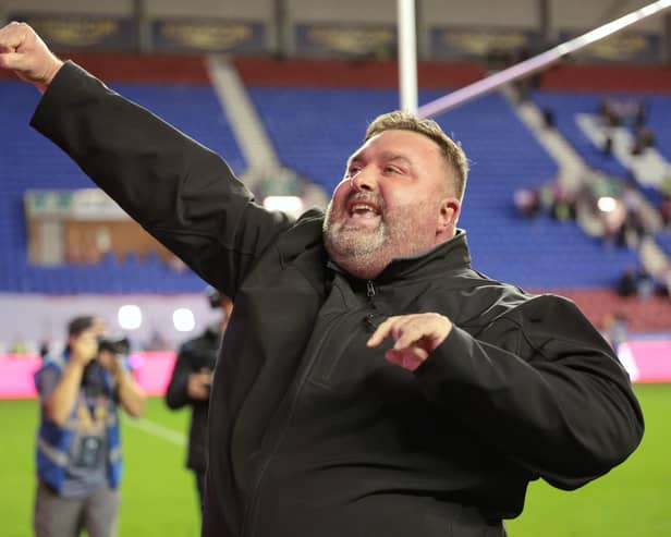 Wakefield Trinity owner Matt Ellis celebrates after last week's semi-final win at Wigan Warriors. Picture by John Clifton/SWpix.com.