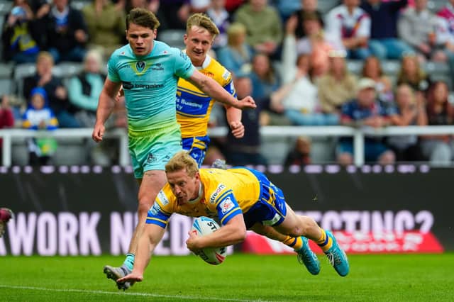 Lachie Miller scores for Leeds Rhinos against St Helens at Magic Weekend in Newcastle, their only win in this year's four meetings with their play-off opponents. Picture by Olly Hassell/SWpix.com.