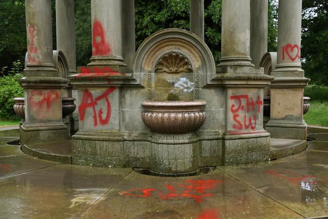 The vandalism at the Barrans Fountain, in Roundhay Park, was spotted on June 26 and was described as “totally senseless and incredibly frustrating”. It has led to discussions about whether the structure could be covered with a protective layer to prevent similar incidents occurring in the future. Photo: Jonathan Gawthorpe.