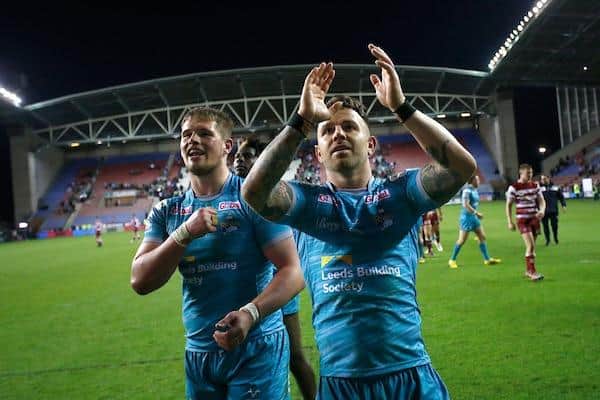 Richie Myler and Tom Holroyd celebrate Rhinos' win at Wigan, but can they back it up? Picture by Ed Sykes/SWpix.com.