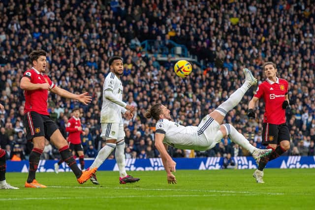 ATTEMPT: Luke Ayling tries to put Leeds United in front against arch rivals Manchester United at Elland Road with an overhead kick from a corner. Picture by Bruce Rollinson.