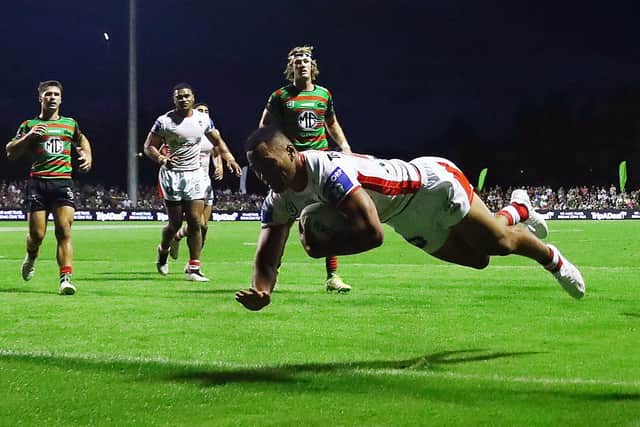 Mat Feagai seen scoring for St George-Illawarra Dragons against South Sydney in a pre-season game in February. Picture by Mark Metcalfe/Getty Images.