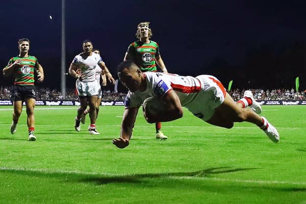 Mat Feagai seen scoring for St George-Illawarra Dragons against South Sydney in a pre-season game in February. Picture by Mark Metcalfe/Getty Images.