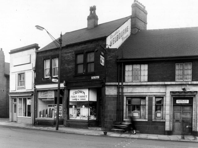 Pictured in June 1959 on the left edge is part of the Beech Hotel and the entrance to Copley Yard. Number 6 Tong Road follows, this is a house furnishers, business of R. Robinson also offering re-upholstery, moquette and tapestry. Number 4, follows G. Levine, tailor with Lilian, ladies hairdresser upstairs. The Crown Meat Market is at number 2a with The Crown Public House at number 2. The landlord a this time was Alexander Fraser.