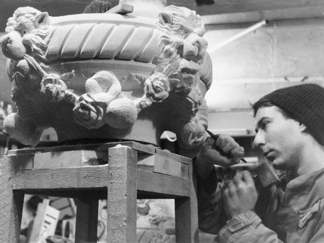 January 1980 and carver Dick Reid is pictured working on one of eight 200-year-old stone urns which were being replaced in York.