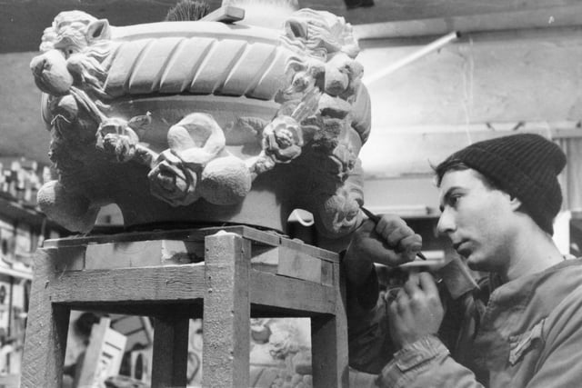 January 1980 and carver Dick Reid is pictured working on one of eight 200-year-old stone urns which were being replaced in York.