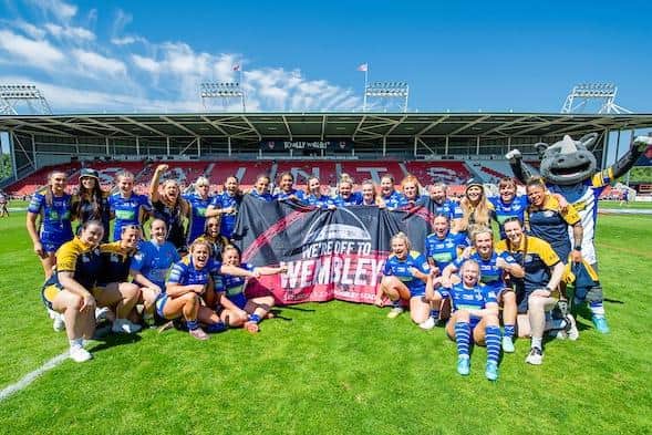 Leeds Rhinos celebrate their Women's Challenge Cup semi-final victory over Wigan Warriors. Picture by Allan McKenzie/SWpix.com.