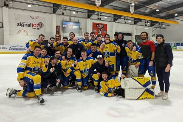 CHAMPIONS: Leeds Knights celebrate their NIHL National league title success after winning in Telford on Sunday night. Picture courtesy of Leeds Knights.