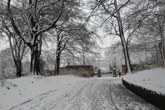 The exit at Roundhay Park in Leeds, under a blanket of snow.