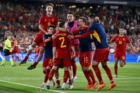 JOY: For Leeds United striker Spain, back centre, celebrating Spain's Nations League final win against Croatia after a penalty shoot out. Photo by JOHN THYS/AFP via Getty Images.
