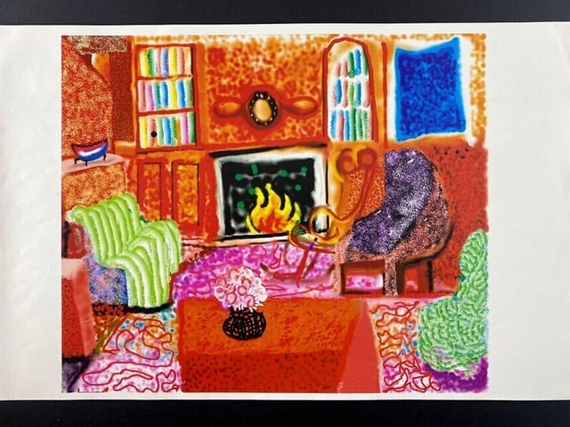David Hockey (b. 1937) untitled interior with fireplace, digital art, Apple Macintosh, 28 x 43cm, c. 1990, given to Véra Russell (1911-1992). I