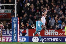 Blake Austin lands a last-minute winning drop goal for Leeds Rhinos at St Helens in March. Picture by Paul Currie/SWpix.com.