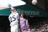 Jose Sa of Wolverhampton Wanderers collides with Rasmus Kristensen of Leeds United on the opening day. No penalty awarded by VAR. (Photo by Marc Atkins/Getty Images)