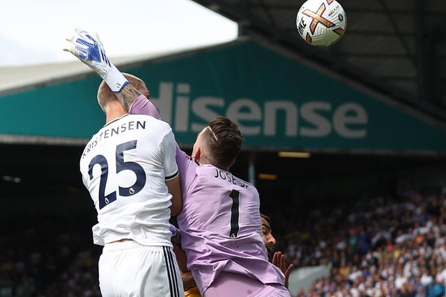 Jose Sa of Wolverhampton Wanderers collides with Rasmus Kristensen of Leeds United on the opening day. No penalty awarded by VAR. (Photo by Marc Atkins/Getty Images)