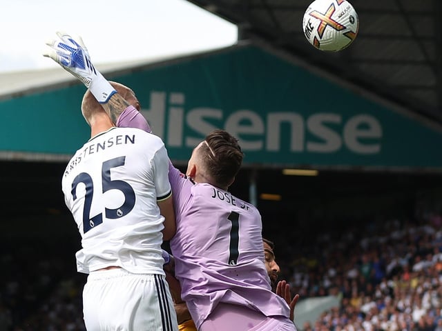 Jose Sa of Wolverhampton Wanderers collides with Rasmus Kristensen of Leeds United on the opening day. No penalty awarded by VAR. (Photo by Marc Atkins/Getty Images)