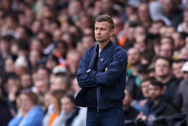 LEEDS, ENGLAND - OCTOBER 23: Jesse Marsch, Manager of Leeds United, looks on during the Premier League match between Leeds United and Fulham FC at Elland Road on October 23, 2022 in Leeds, England. (Photo by George Wood/Getty Images)