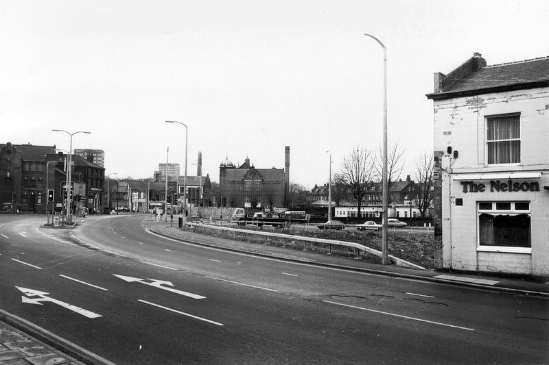 Armley Road looking west towards the junction with Branch Road (left), Stanningley Road (ahead) and Ledgard Way (right). The Nelson pub is on the right. For many years the landlord of this establishment was Samuel Ledgard, more famous as the owner of a major independent bus company.
