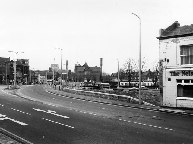 Armley Road looking west towards the junction with Branch Road, left, Stanningley Road (ahead) and Ledgard Way, right. The Nelson pub is on the right. For many years the landlord of this establishment was Samuel Ledgard, more famous as the owner of a major independent bus company.