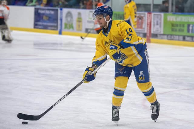 ON TARGET: Lewis Baldwin struck in the first period to make it 3-0 to Leeds Knights - his third goal of the season. Picture: Tony Johnson.