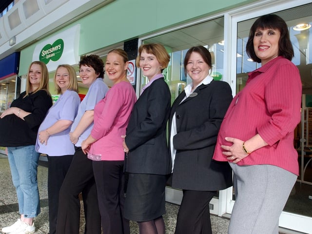 Seven colleagues at Spec Savers in Cross Gates were all pregnant at the same time. Pictured, from left, are Vanessa Longdon (nine months), Tina Walker (eight months), Hayley Doyle (seven months), Charlotte Mear (five months), Clare Sheppard (five months), Kim Wood (six weeks) and Alison Woodlock (nine months).