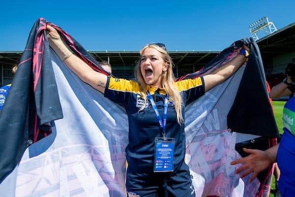 Injured former St Helens forward Shona Hoyle celebrates Leeds Rhinos' semi-final victory over Wigan Warriors. Picture by Allan McKenzie/SWpix.com.