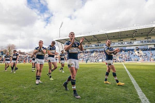 Rhinos players thank their fans after the home win over Catalans. Picture by Alex Whitehead/SWpix.com.