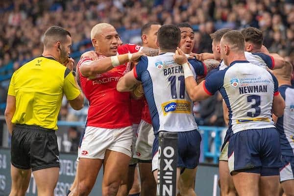 Tempers fray during the first half of England's Test win over Tonga at Huddersfield. Picture by Olly Hassell/SWpix.com.