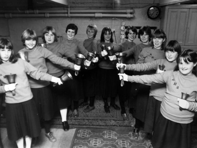 The Almondbury bellringers rehearse in the school hall in October 1980.