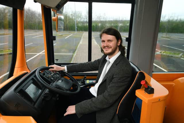 YEP reporter Charles Gray tries out the bus driver experience day at the John Charles Centre For Sport in Leeds. Photo: Jonathan Gawthorpe