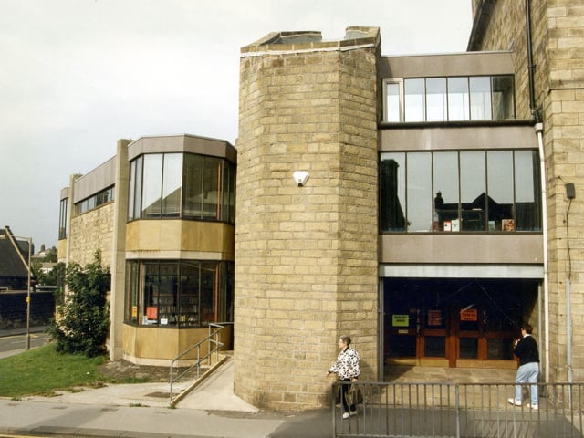 The old Horsforth Library on Town Street. This branch was opened in 1917 in the Mechanics Institute building, seen here on the far right. In 1975 a large extension was built, being the main part of the library shown here, though the reference section remained in the Mechanics. The library has since been replaced with a new building in Town Street which opened in February 2006.