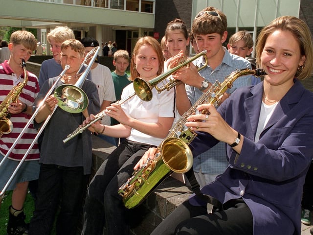 BBC TV presenter Sophie Raworth shares a joke and joins in the fun after opening Wetherby High School fun day in July 1996.