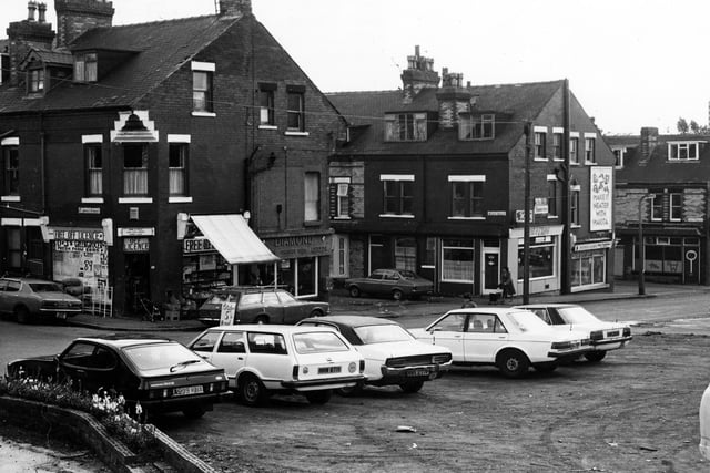 Looking along Ashley Road showing, from left, junctions with Florence Street, Scarth Avenue and Ashley Terrace in September 1984. Shops in view are DJ's greengrocers and off licence at 2 Florence Street, Diamond Taxis at 1 Scarth Avenue, a fish and chip shop at 2 Scarth Avenue and Patrick Alan's hairdressers at 1 Ashley Terrace.