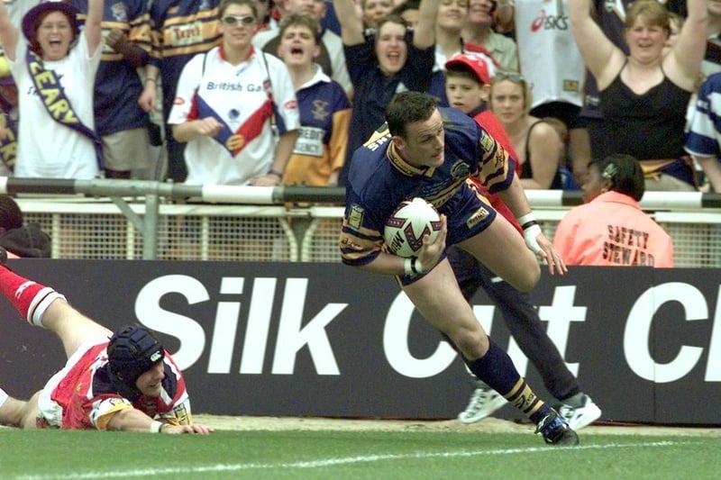 Francis Cummins touches down for Leeds Rhinos in their Cup final win against London Broncos.
